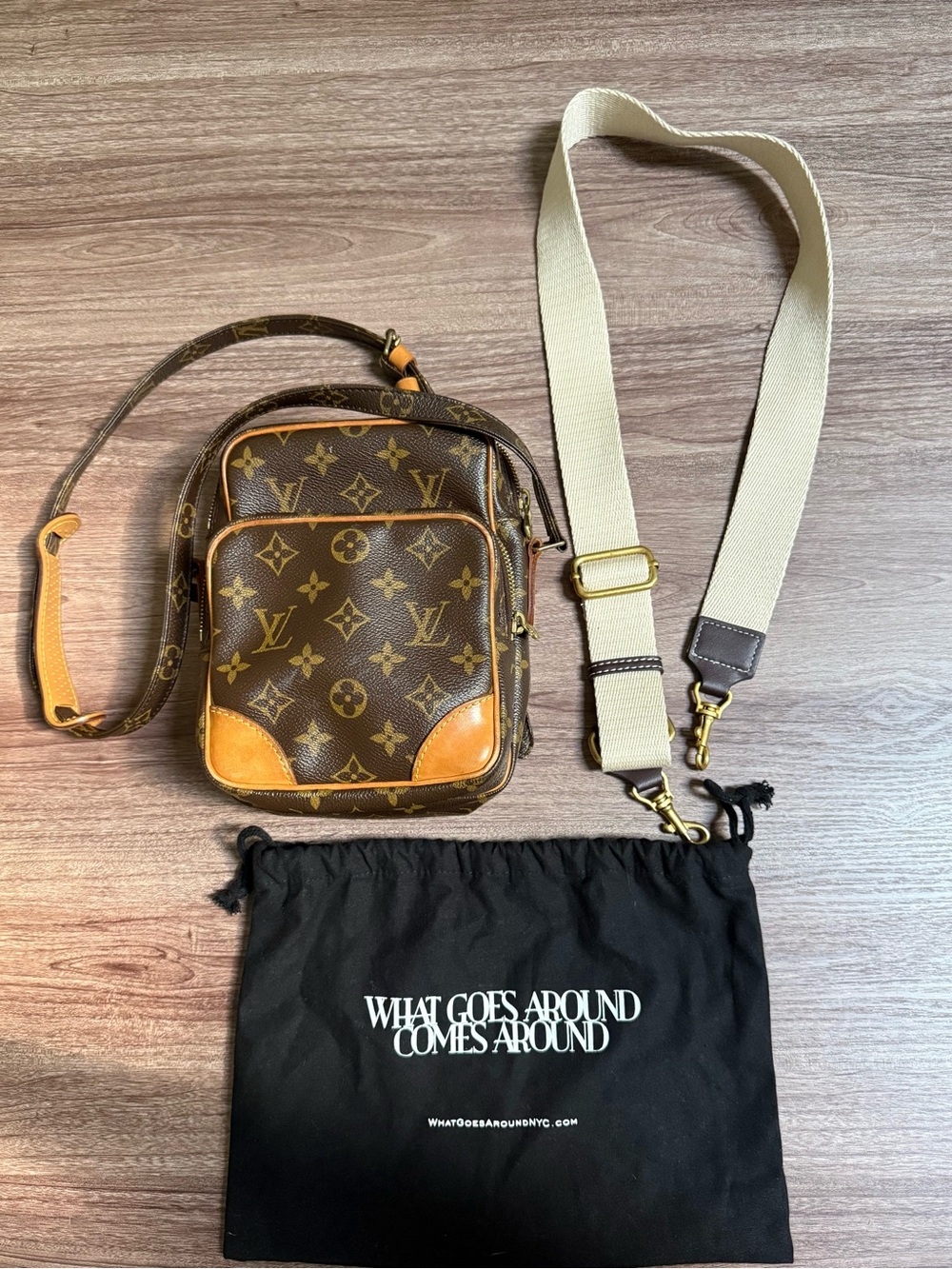 Louis Vuitton Brown Monogram Canvas Crossbody Bag with Tan Trim and Beige Strap